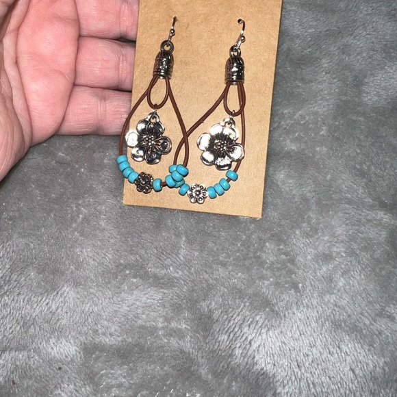 None Jewelry - Silver and Turquoise Floral drop Earrings